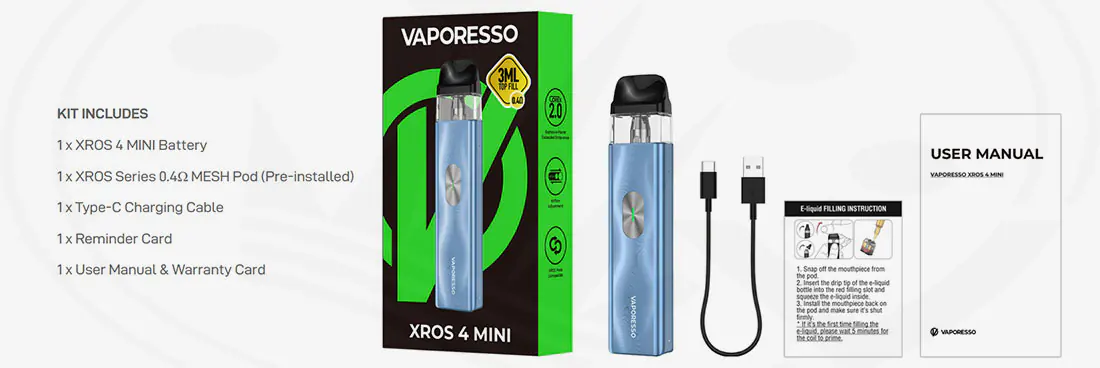 Los mejores cigarrillos electrónicos y equipos de vapeo en España Contenido del Kit XROS 4 Mini Pod Vaporesso