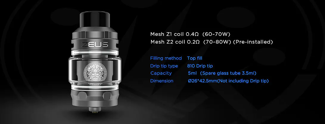 ZEUS Atomizador Dual RTA de Geekvape para comprar en España Especificaciones técnicas Z Sub Ohm Tank