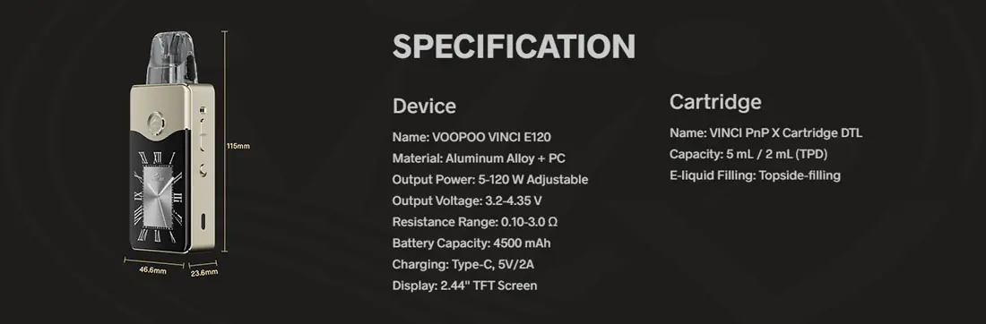 The best e-cigarettes and vaping devices in Spain Voopoo Vinci E120 Technical Specs
