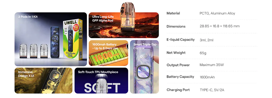 Uwell Caliburn G5 Pod specifications Main specifications of the Uwell Caliburn G5 Pod