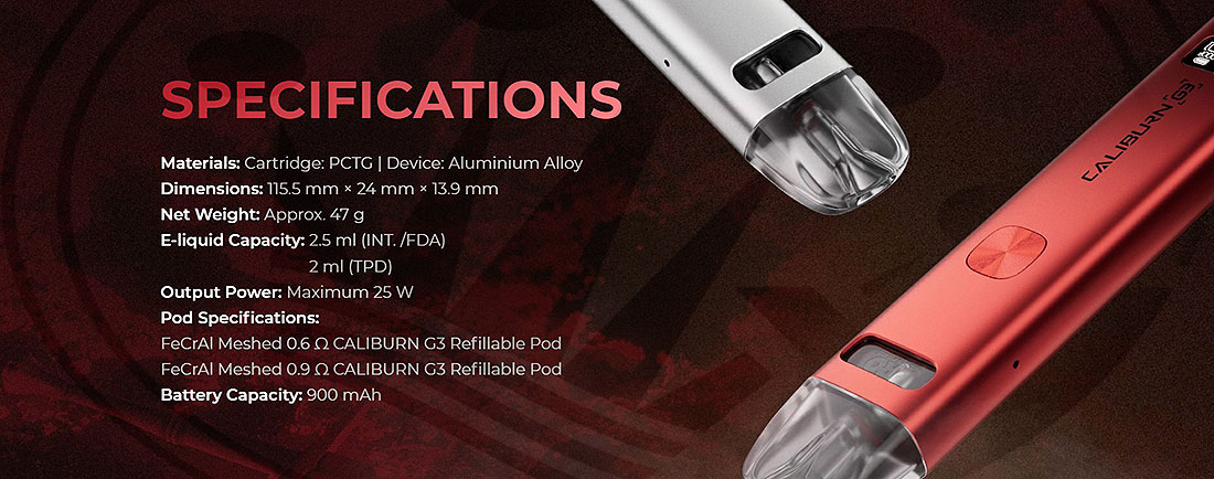 Especificaciones CALIBURN G3 Uwell