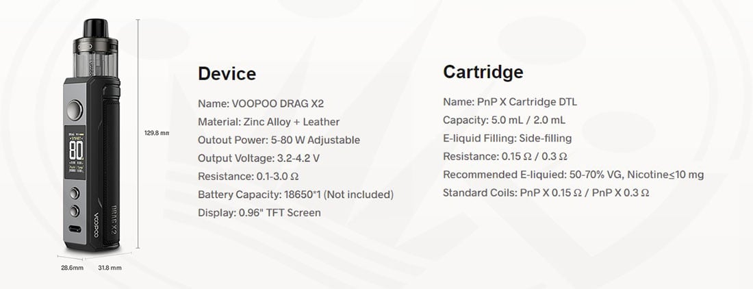 Technical Specifications DRAG X2 Voopoo Kit