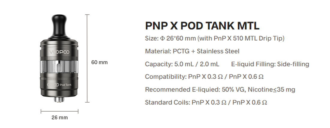 Especificaciones técnicas PnP-X MTL Voopoo