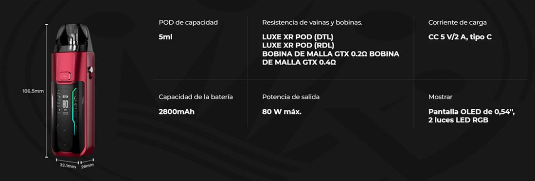 Technical specifications Luxe XR MAX Vaporesso