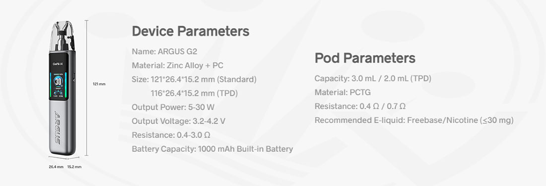 Technical Specifications ARGUS G2 Pod Voopoo