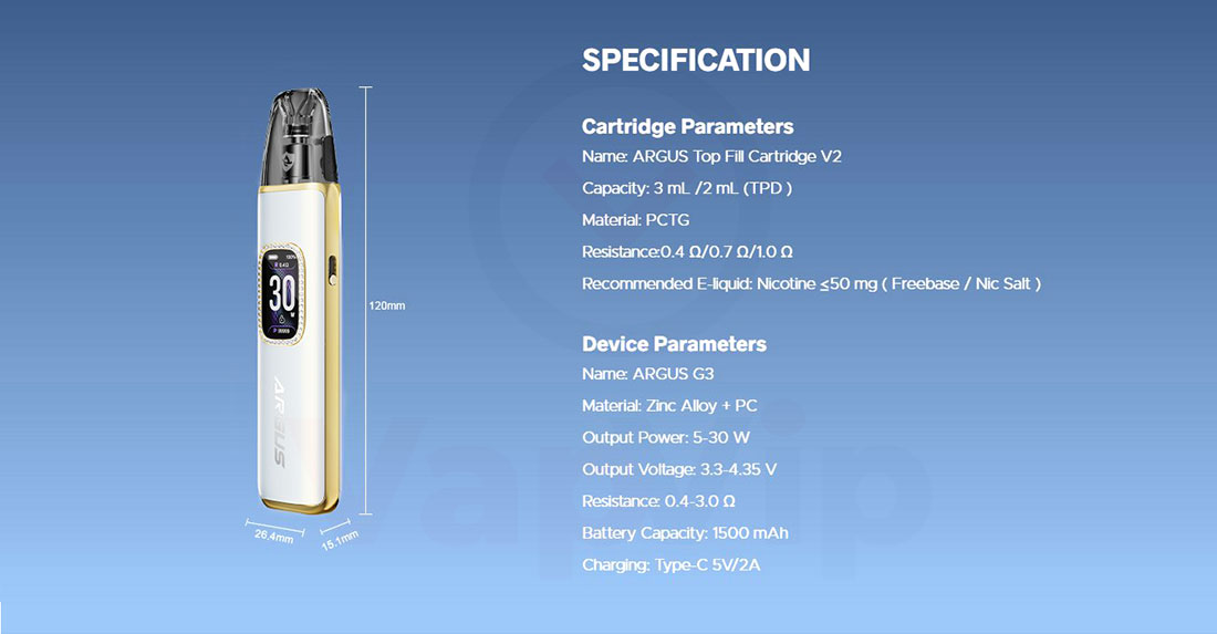 Especificaciones técnicas Argus G3 Pod Kit Voopoo